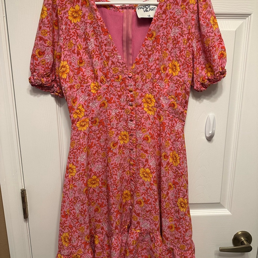 Pink and Orange Floral Puff Sleeve Midi Sundress
